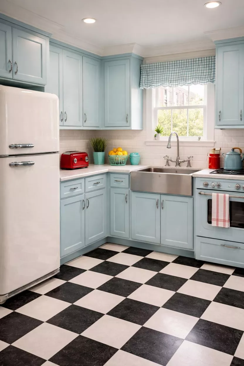 A realistic photo of a kitchen with pastel robin egg blue cabinets, a retro white refrigerator, checkered black and white floors, chrome accents, and a red toaster on the counter, embodying a charming and nostalgic 1950s diner aesthetic.