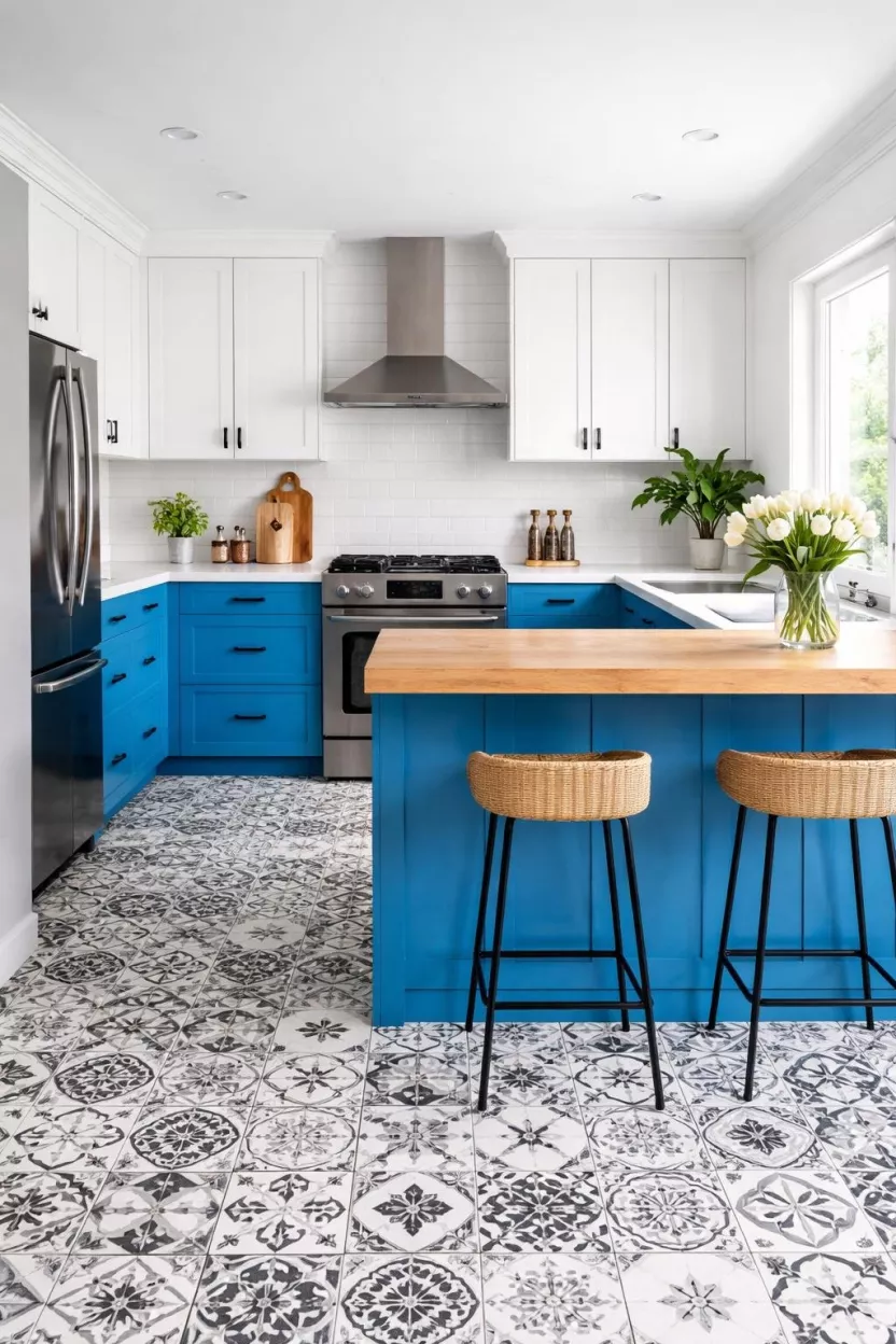 A realistic photo of a kitchen with bright cerulean blue lower cabinets, white upper cabinets, a patterned cement tile floor, black hardware, and an oak breakfast bar, presenting a high contrast and energetic two-tone design for a modern home.