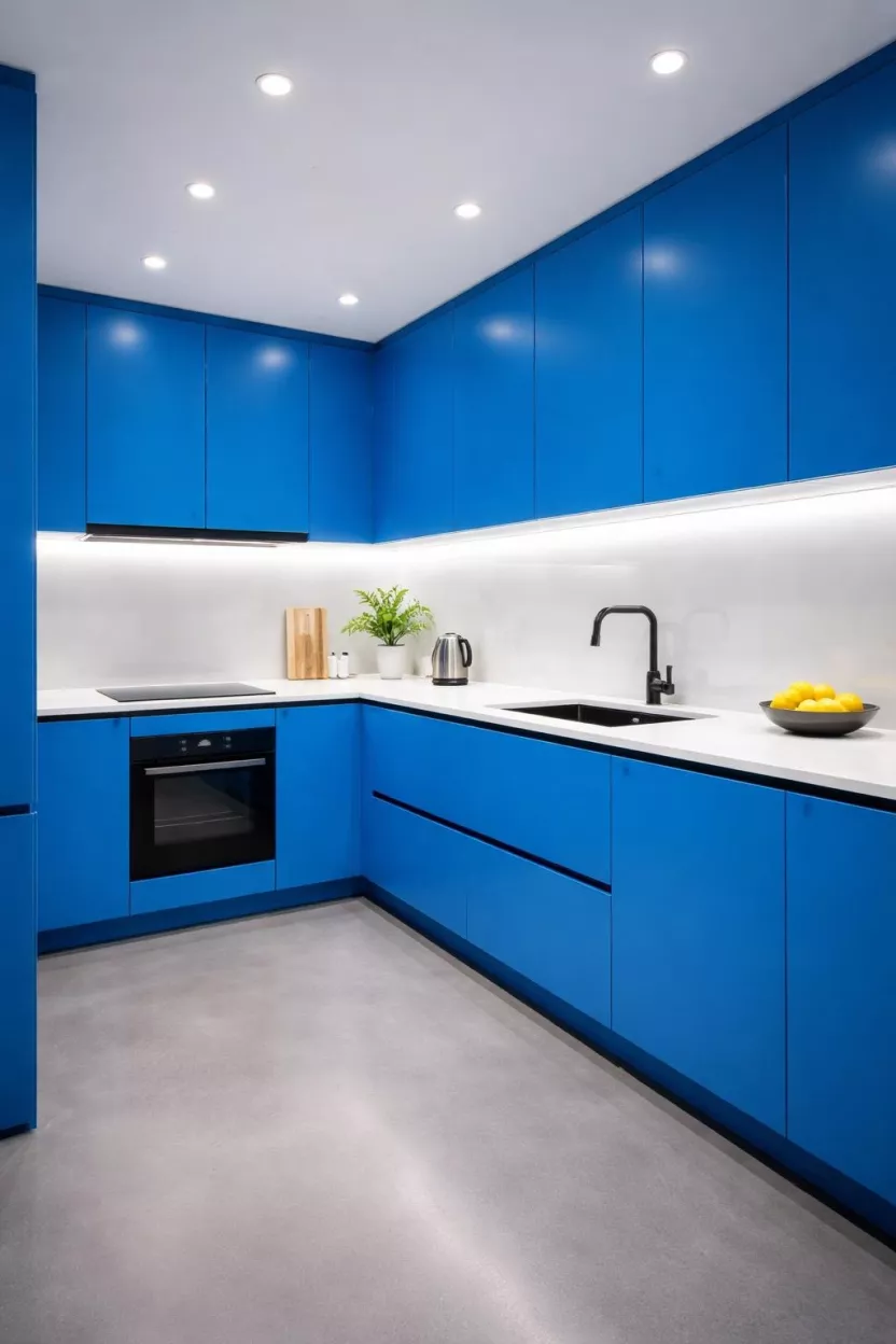 A realistic photo of a kitchen featuring electric blue flat panel cabinets, a white glass backsplash, integrated LED strip lighting, a grey resin floor, and minimalist decor, presenting a high energy and futuristic interior with saturated color.