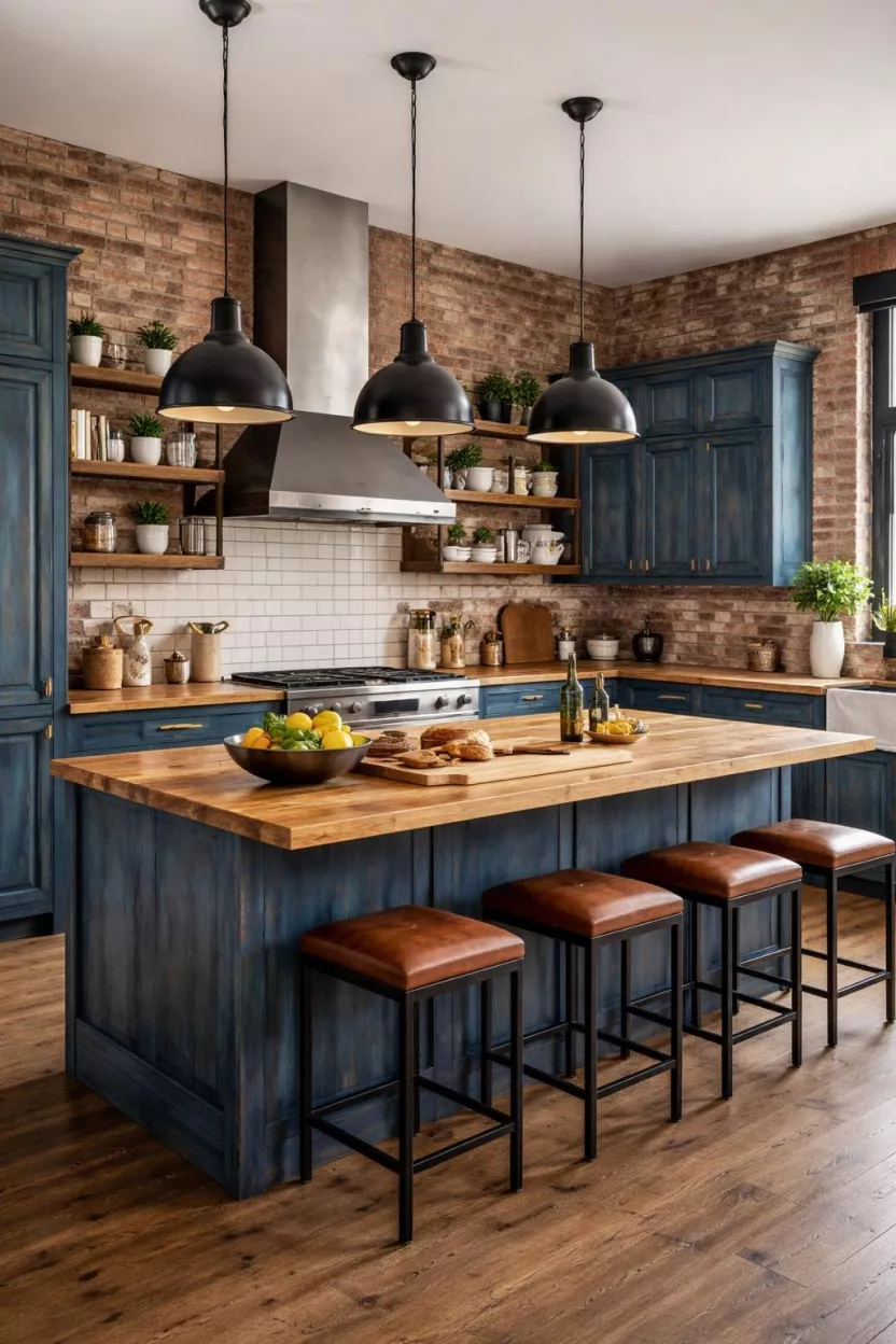 A realistic photo of a kitchen featuring denim blue stained wood cabinets where the wood grain is visible, a butcher block island, industrial pendant lights, and red brick walls, showcasing a rustic and lived-in loft style aesthetic with textured surfaces.
