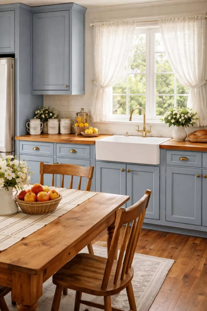 A realistic photo of a kitchen with soft periwinkle blue cabinets, a butcher block countertop, a collection of vintage ceramic jars, a window with lace curtains, and a pine wood dining table, showcasing a sweet and rustic country aesthetic.