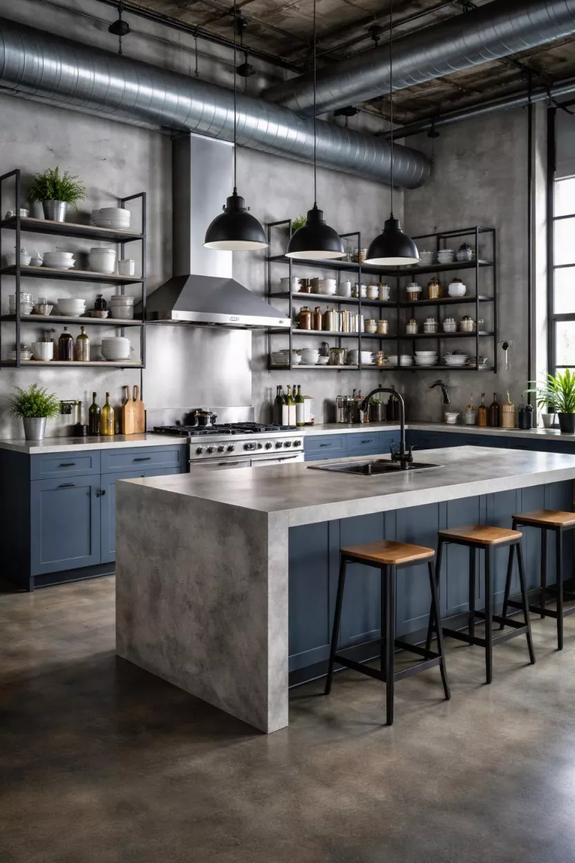 A realistic photo of a kitchen featuring steel blue cabinets, a stainless steel countertop, open metal shelving, a large concrete island, and black pipe fixtures, showcasing a rugged and modern industrial warehouse loft style with cool metallic tones.