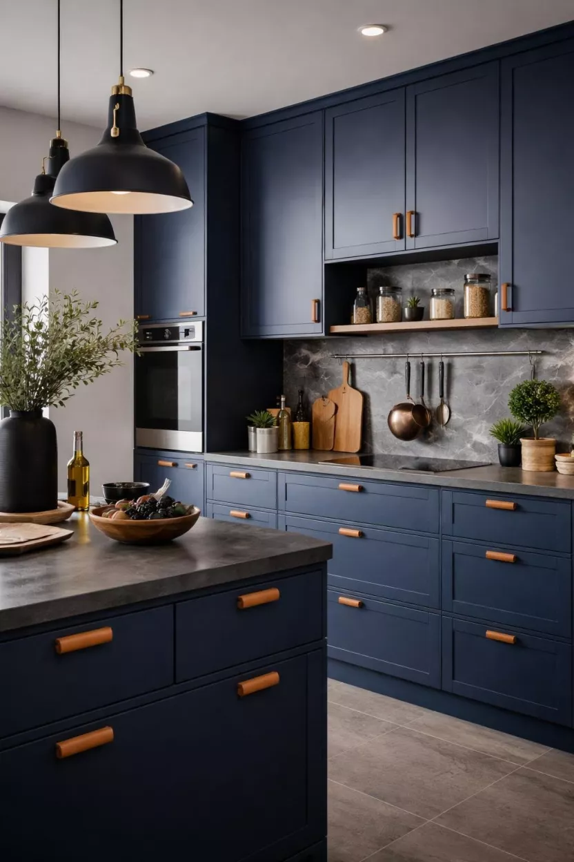 A realistic photo of a kitchen with deep blueberry blue cabinets in a matte finish, leather drawer pulls, a grey stone backsplash, and industrial lighting, showcasing a contemporary and tactile design with a dark and fruity color palette.
