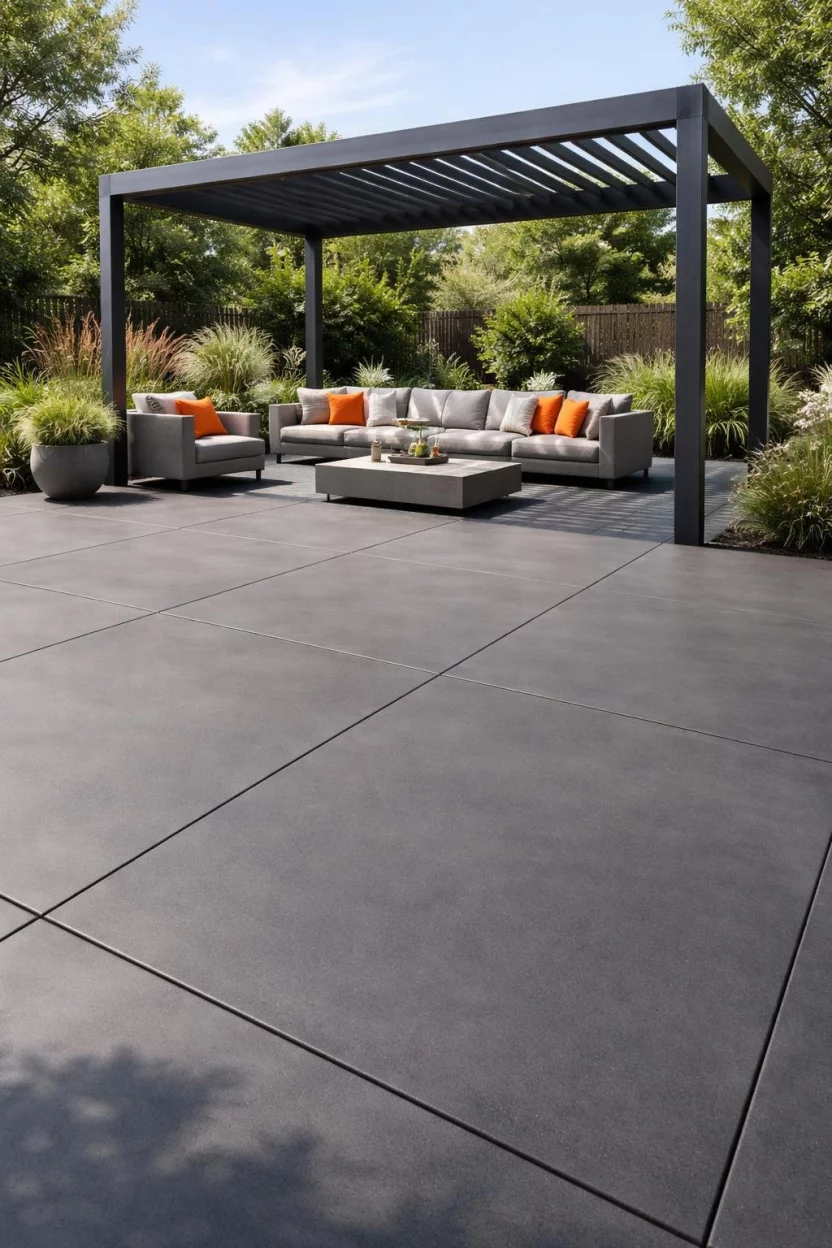 A realistic photo of a solid charcoal gray concrete patio with a smooth finish, perfectly uniform in color across the entire surface, accented by bright orange outdoor pillows and a modern steel pergola.