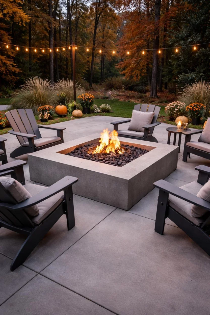 A realistic photo of a smooth concrete patio with a large square fire pit built directly into the center, featuring a flickering orange flame and surrounded by modern Adirondack chairs on a crisp autumn evening.