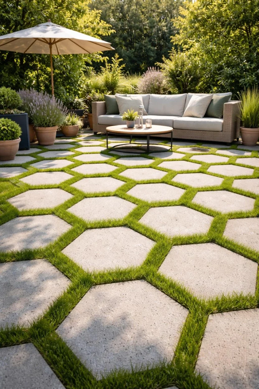 A realistic photo of an eco friendly patio made of hexagonal concrete blocks with small gaps between them filled with bright green grass, creating a checkerboard effect in a sunny garden.