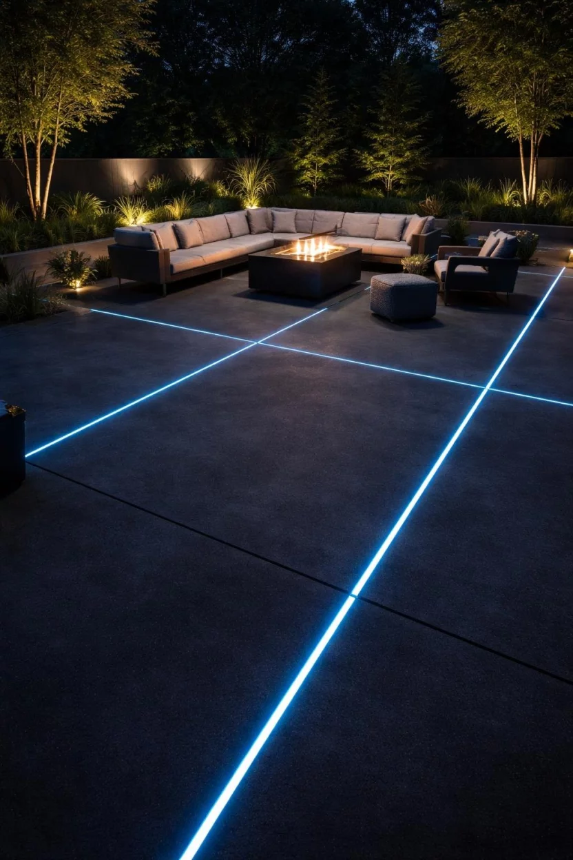 A realistic photo of a dark concrete patio at night, with thin lines of glowing blue LED strips embedded into the expansion joints, illuminating a modern outdoor lounge area.