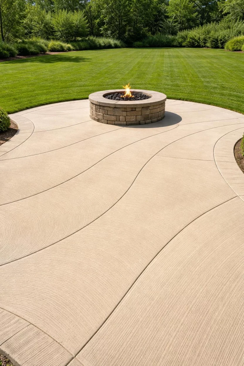 A realistic photo of a clean cream colored concrete patio with a fine broom swept texture in a decorative wave pattern, bordering a lush green lawn with a small stone fire pit in the center.