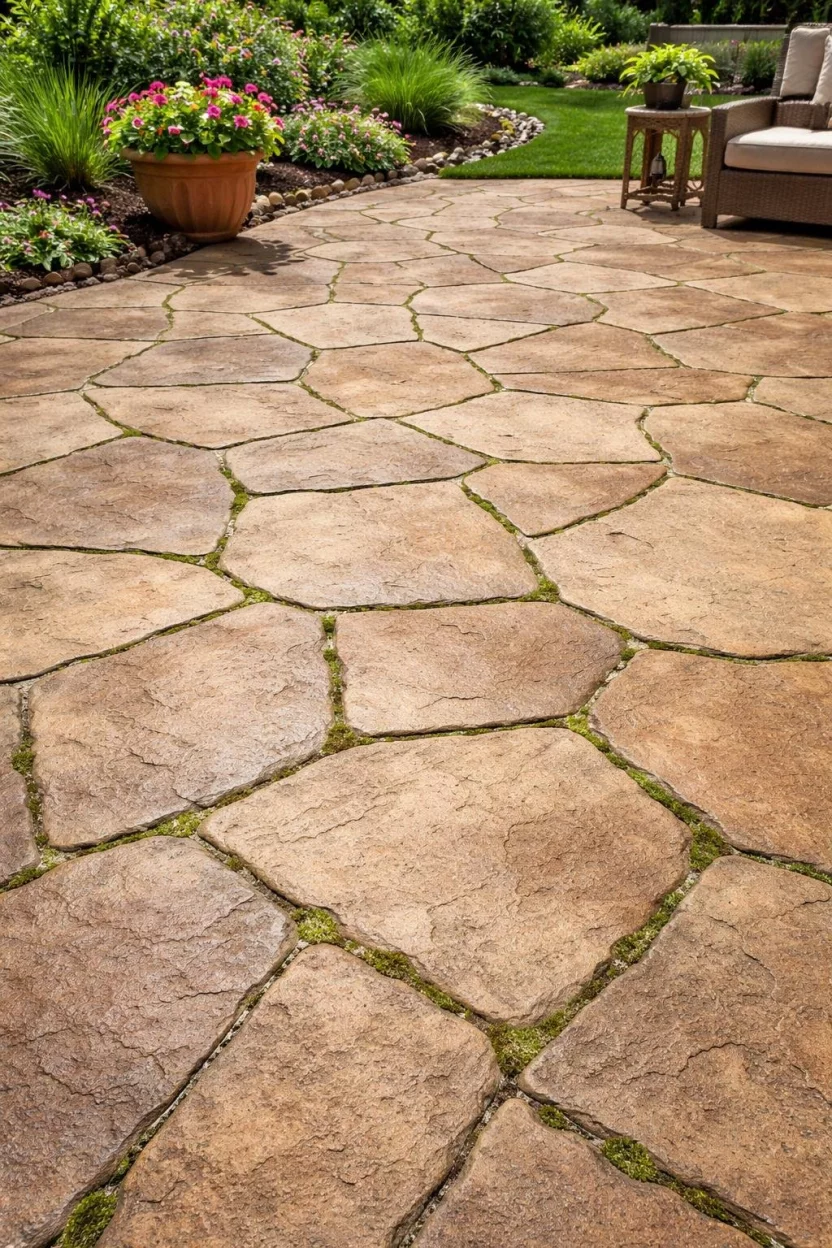 A realistic photo of a concrete patio stamped with irregular flagstone shapes in various shades of tan and brown, with small patches of moss growing in the faux grout lines for an aged look.