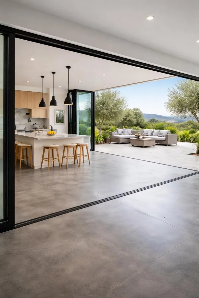 A realistic photo showing an open wall of sliding glass doors where the polished gray concrete floor of a modern kitchen continues perfectly onto a spacious outdoor patio without any height change.