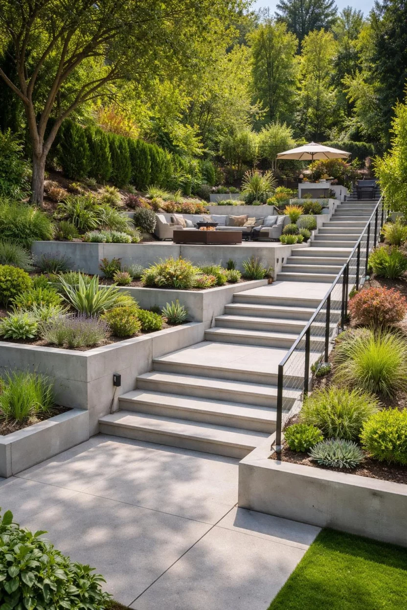 A realistic photo of a backyard with three distinct concrete levels connected by wide stairs, following the natural slope of the property, with built in planters and modern metal railings.