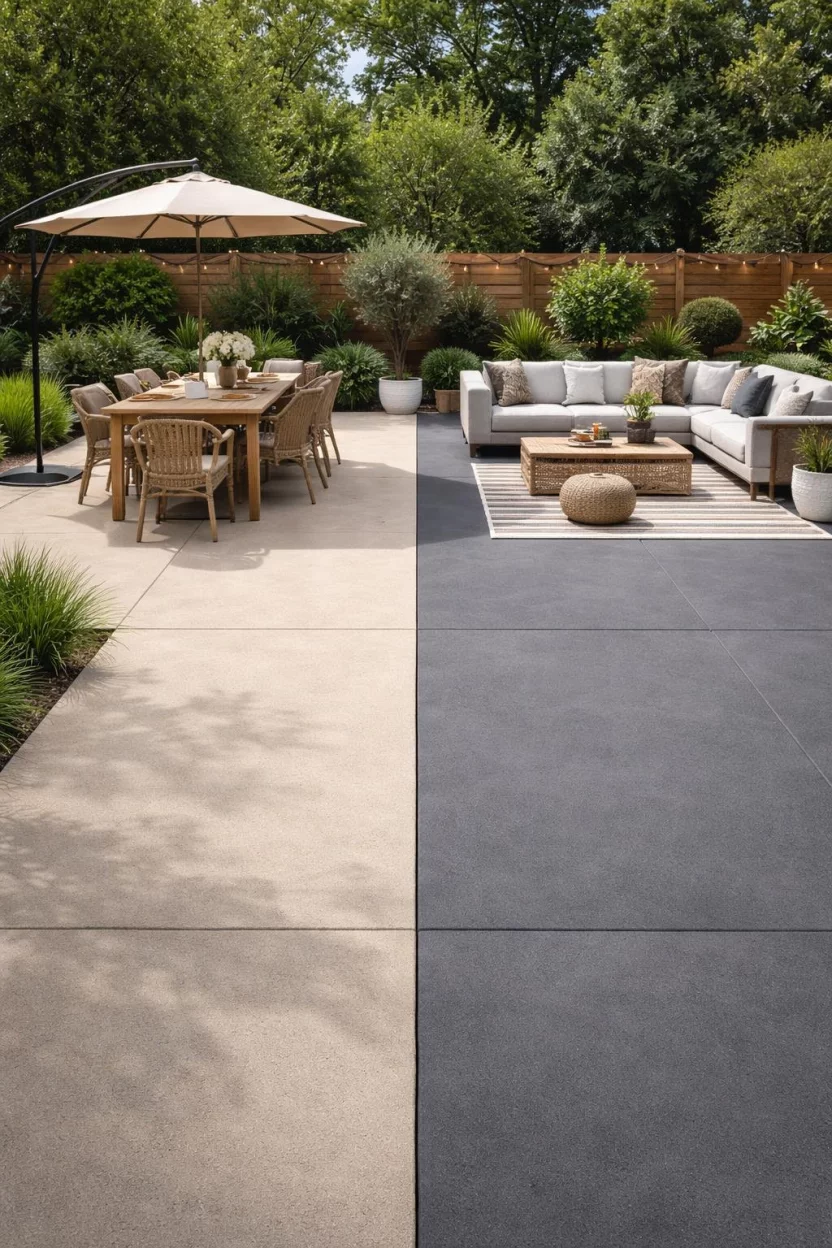 A realistic photo of a large concrete patio divided into two distinct zones, one a light sand color for dining and the other a deep slate gray for lounging, separated by a crisp straight line.