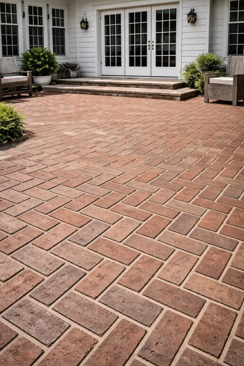 A realistic photo of a classic red brick herringbone pattern stamped into a concrete patio, with realistic sandy joints and a slight weathered texture, set against a white colonial style home.