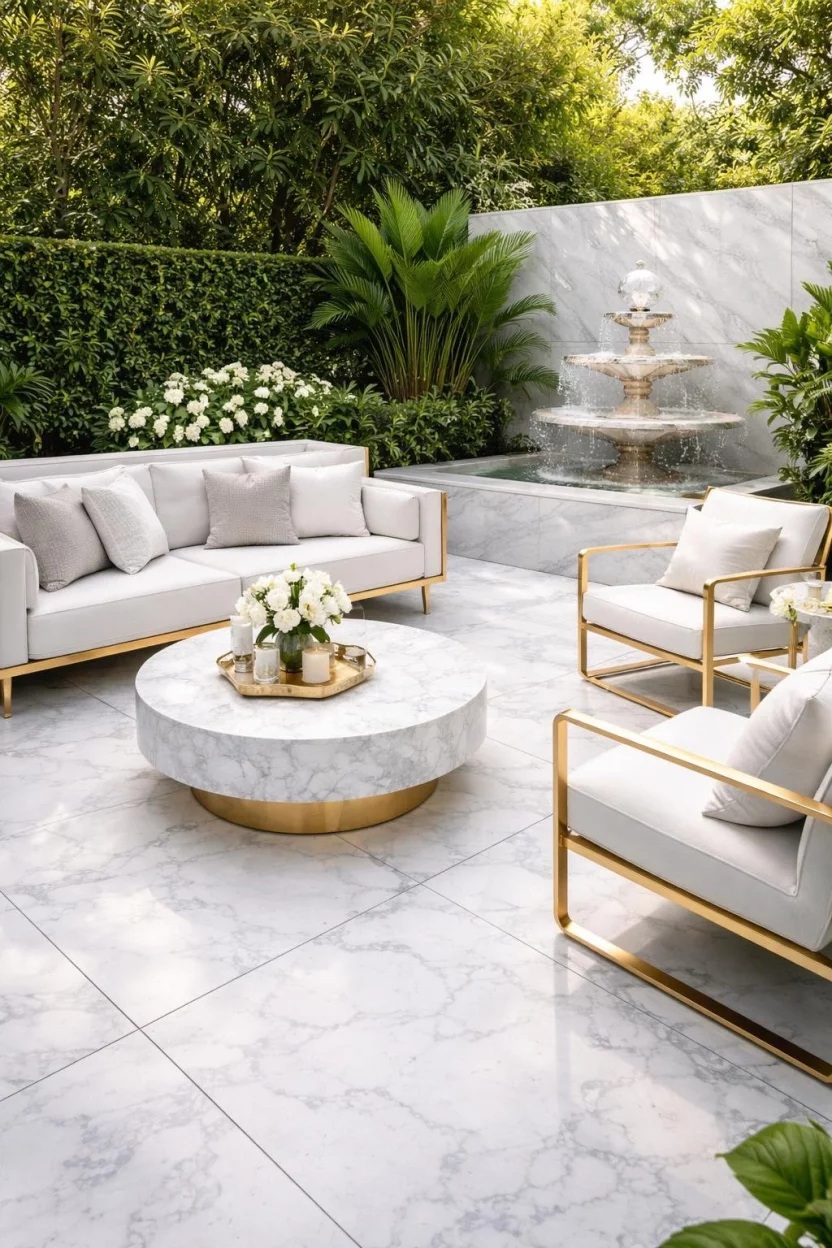 A realistic photo of a luxurious concrete patio that looks like white Carrara marble with subtle gray veining, styled with gold accented furniture and a small crystalline fountain in the corner.