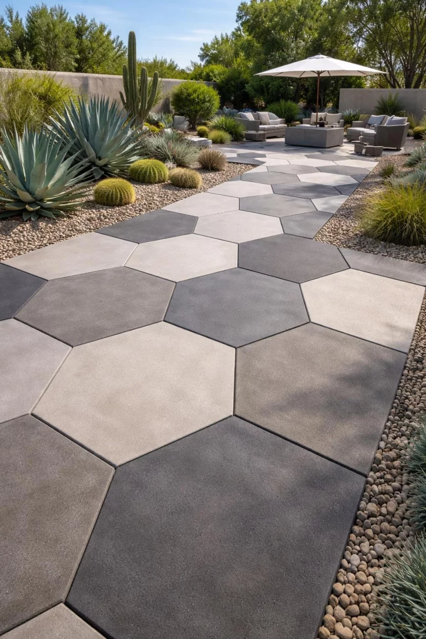 A realistic photo of a contemporary patio featuring large scale concrete hexagons in alternating shades of light and dark gray, surrounded by architectural desert plants like agave and structured gravel paths.