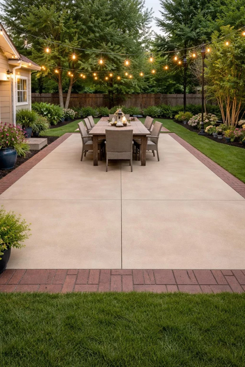 A realistic photo of a smooth light tan concrete patio framed by a dark brick red stamped border, creating a clean rectangular living space with a large outdoor dining table and soft overhead string lights.