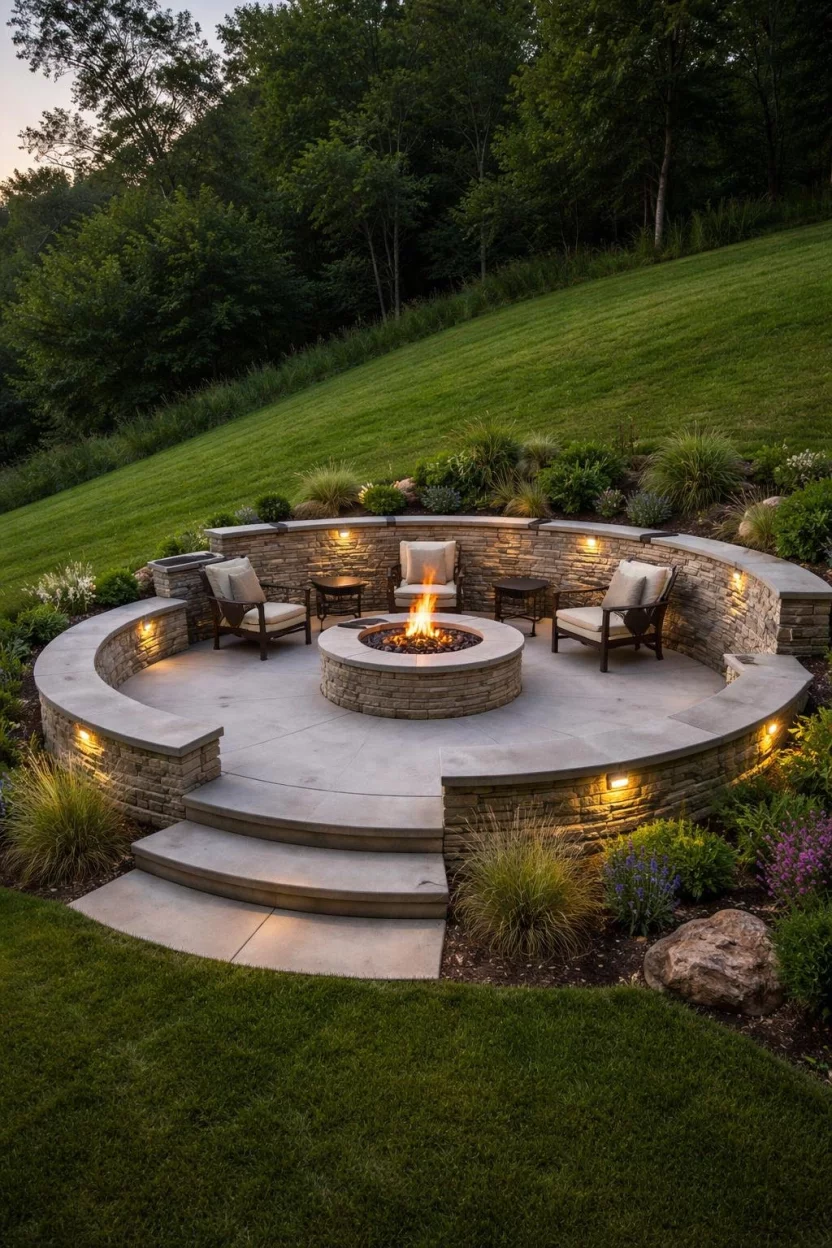 A realistic photo of a circular sunken concrete patio nestled into a sloping green hill, featuring a built in fire pit and surrounded by low stone retaining walls with integrated LED lighting.