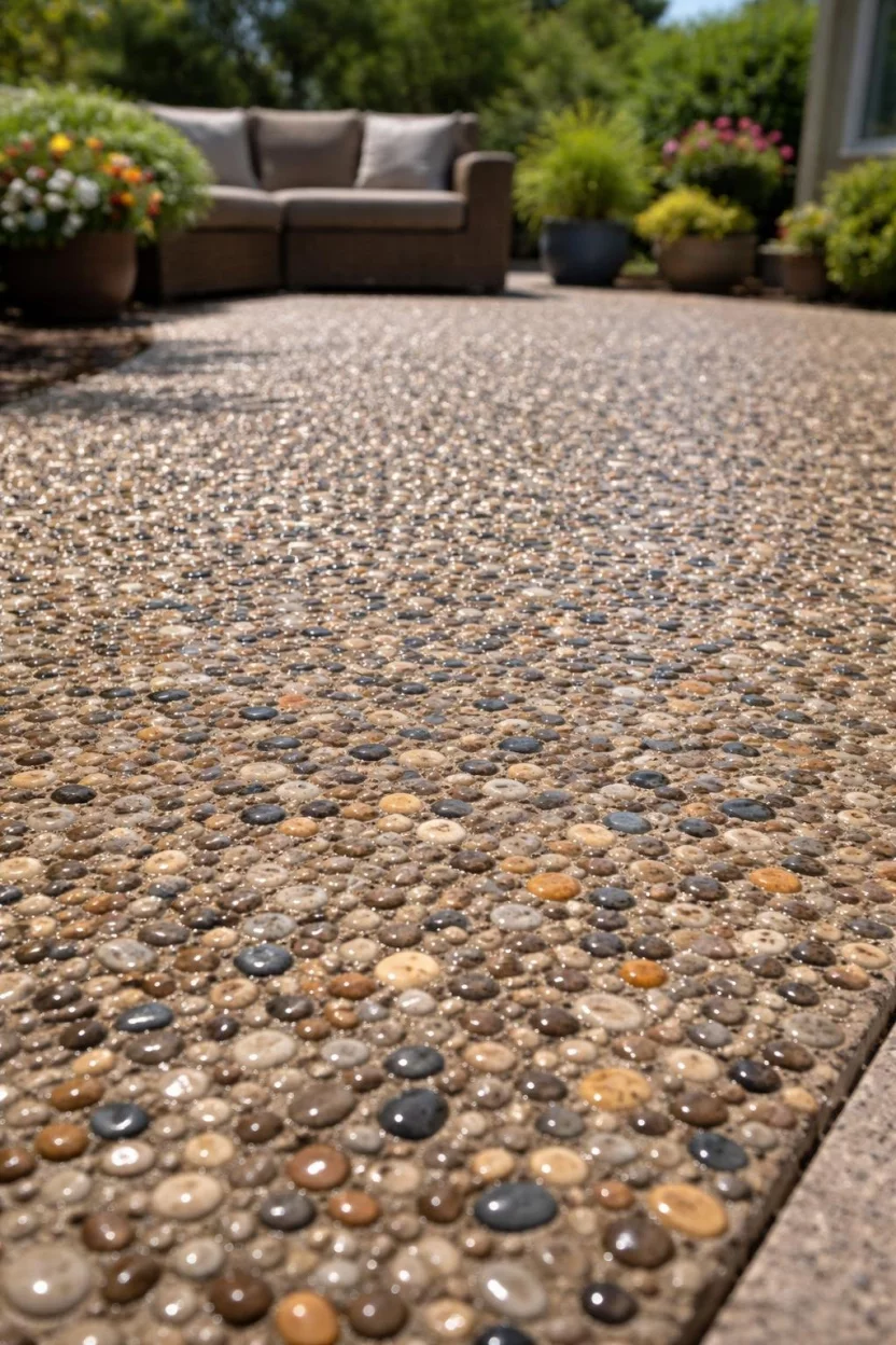 A realistic photo of a concrete patio with a surface of smooth multicolored river pebbles exposed, creating a sparkling and highly textured finish under a bright midday sun.