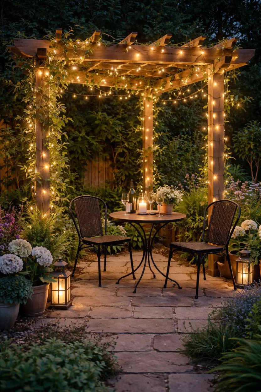 A realistic photo of a garden corner with a wooden pergola draped in warm white fairy lights, featuring a small round bistro table and black chairs at night.