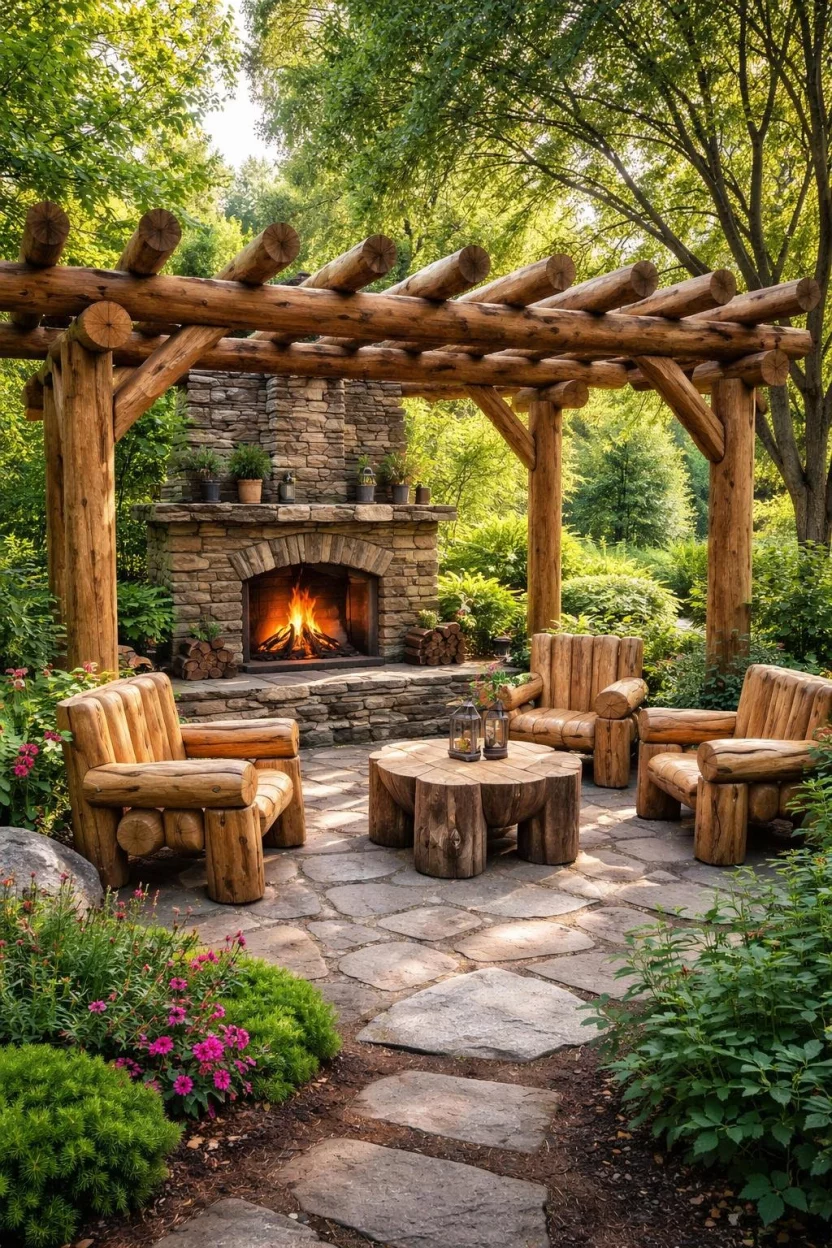A realistic photo of a garden corner with a pergola made of rough-hewn pine logs, a stone hearth, and heavy wooden log chairs.
