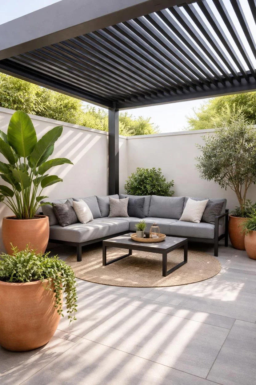 A realistic photo of a patio corner featuring a dark grey louvered roof pergola, a sleek grey outdoor sectional, and large terracotta plant pots.