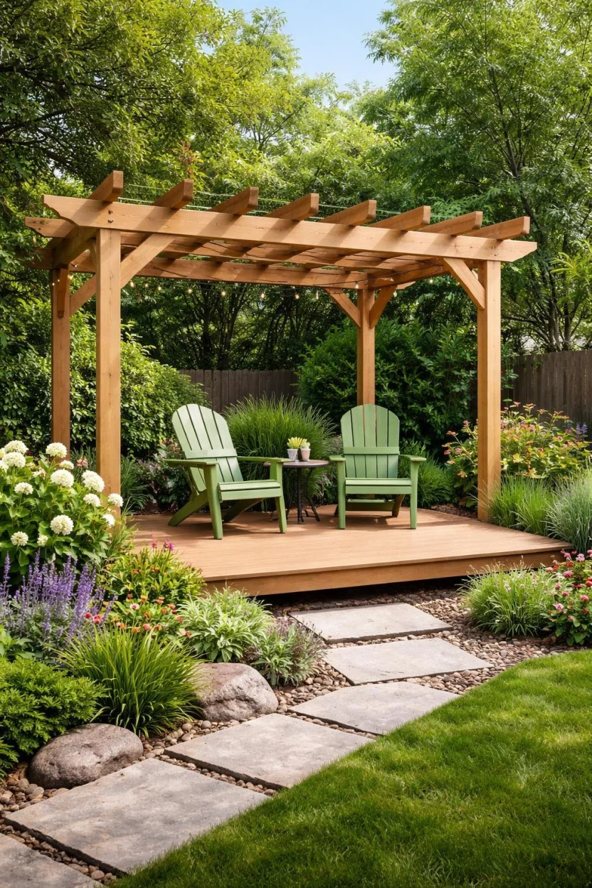 A realistic photo of a garden corner with a light brown wood pergola built over a matching wooden floating deck, with two green Adirondack chairs.