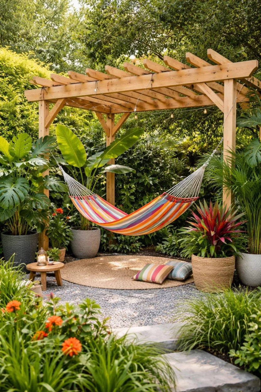 A realistic photo of a garden corner with a light wood pergola, a colorful striped hammock, and several large potted tropical plants.