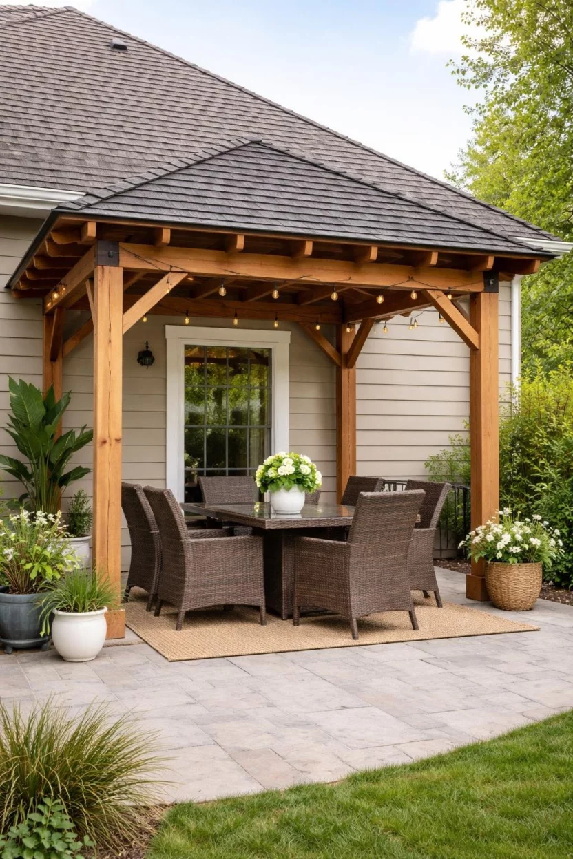 A realistic photo of a patio corner with a wooden pergola featuring a dark shingle roof that matches the house and a brown wicker dining set.