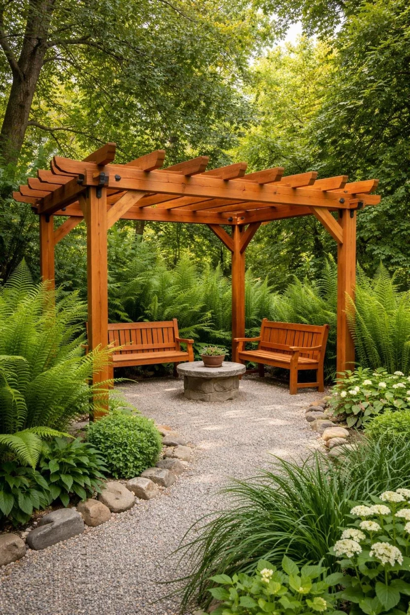 A realistic photo of a garden corner showcasing a natural red cedar pergola with thick beams, red cedar benches, and a gravel floor surrounded by tall ferns.