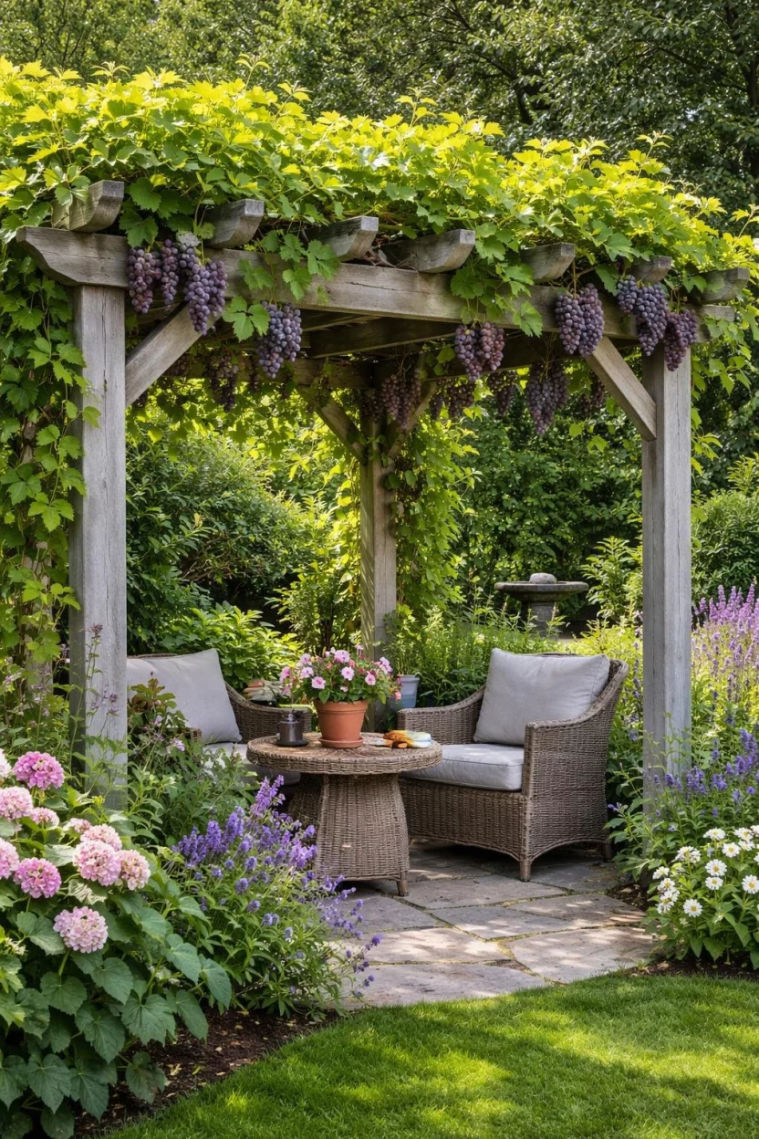 A realistic photo of a garden corner with a weathered grey wood pergola covered in thick green leafy grapevines and hanging purple grape clusters.