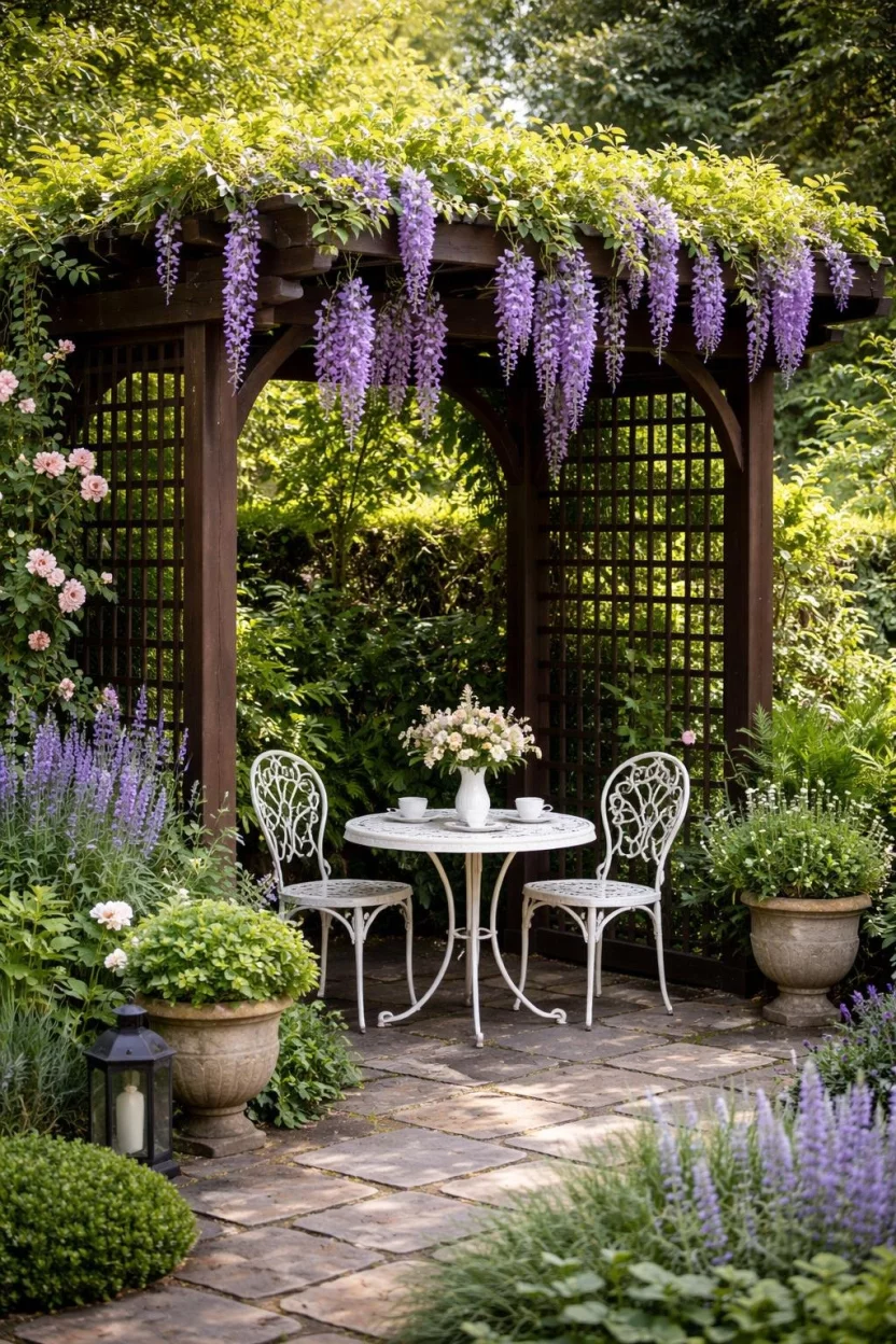 A realistic photo of a garden corner with a dark wood pergola covered in hanging purple wisteria flowers and a small white wrought iron table.