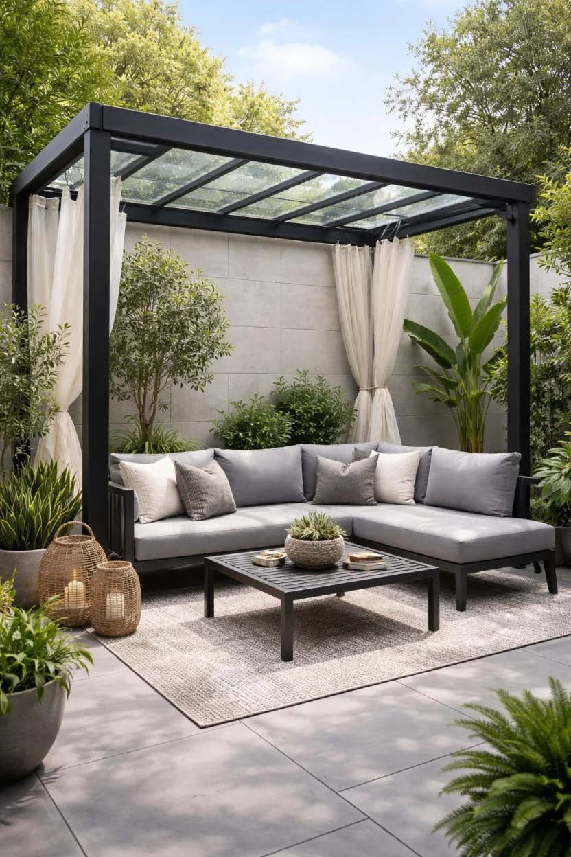 A realistic photo of a patio corner with a black metal pergola featuring a clear glass roof and a modern grey sofa.
