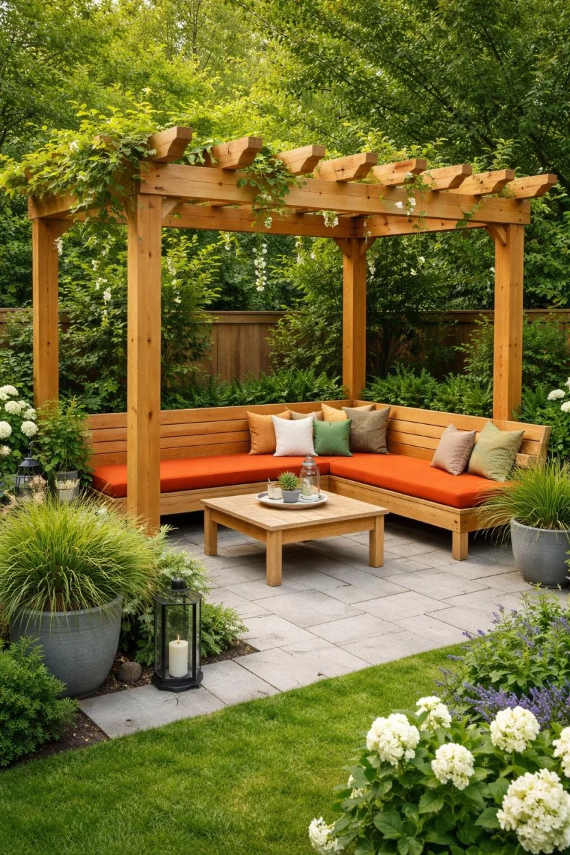A realistic photo of a garden corner with a natural wood pergola featuring an integrated L-shaped wooden bench with orange seat cushions.