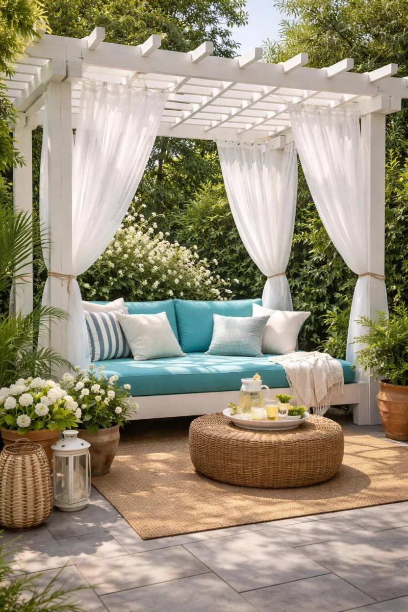 A realistic photo of a patio corner with a white wooden pergola featuring flowing white outdoor curtains and a turquoise blue cushioned daybed.