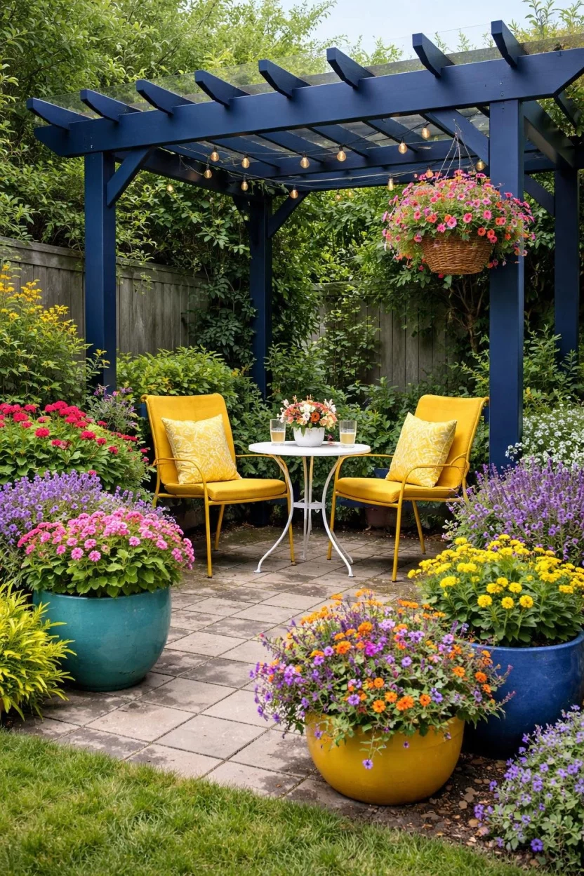 A realistic photo of a garden corner with a bright navy blue painted pergola, yellow outdoor chairs, and colorful flower pots.