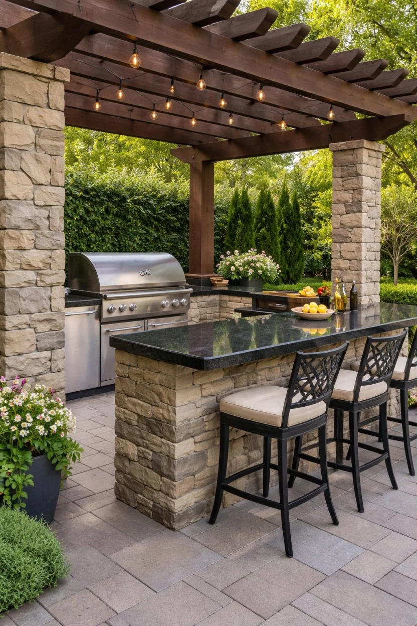 A realistic photo of a patio corner with a stone-pillared pergola housing a stainless steel grill and a black granite countertop bar.
