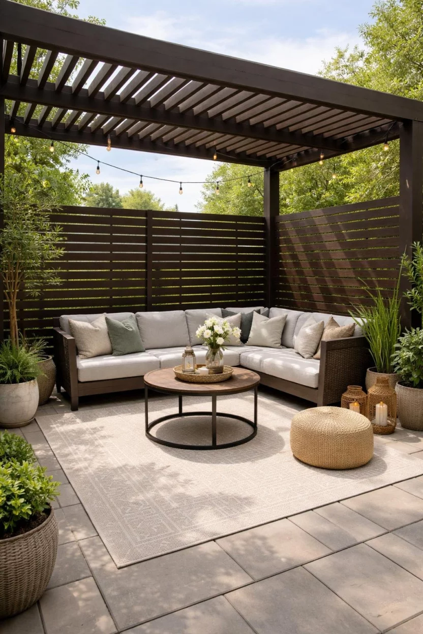 A realistic photo of a patio corner with a dark brown pergola featuring horizontal wood privacy slats on two sides and a cream outdoor rug.
