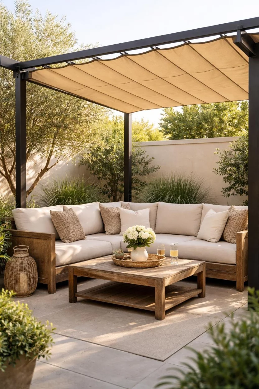A realistic photo of a patio corner with a tan retractable canopy pergola, beige outdoor sofa cushions, and a wooden coffee table under soft afternoon sunlight.