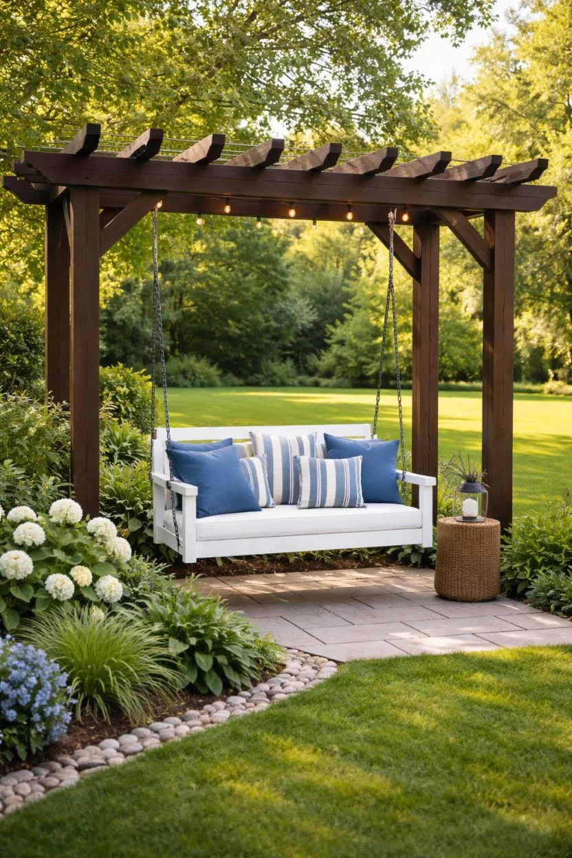 A realistic photo of a garden corner with a dark wood pergola holding a white porch swing with blue pillows, overlooking a lush green lawn.