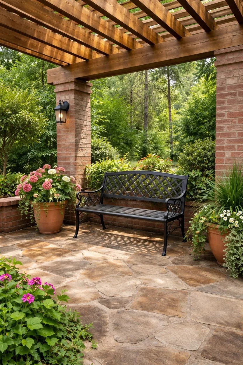 A realistic photo of a patio corner with a wooden pergola supported by red brick pillars, a flagstone floor, and a black metal bench.