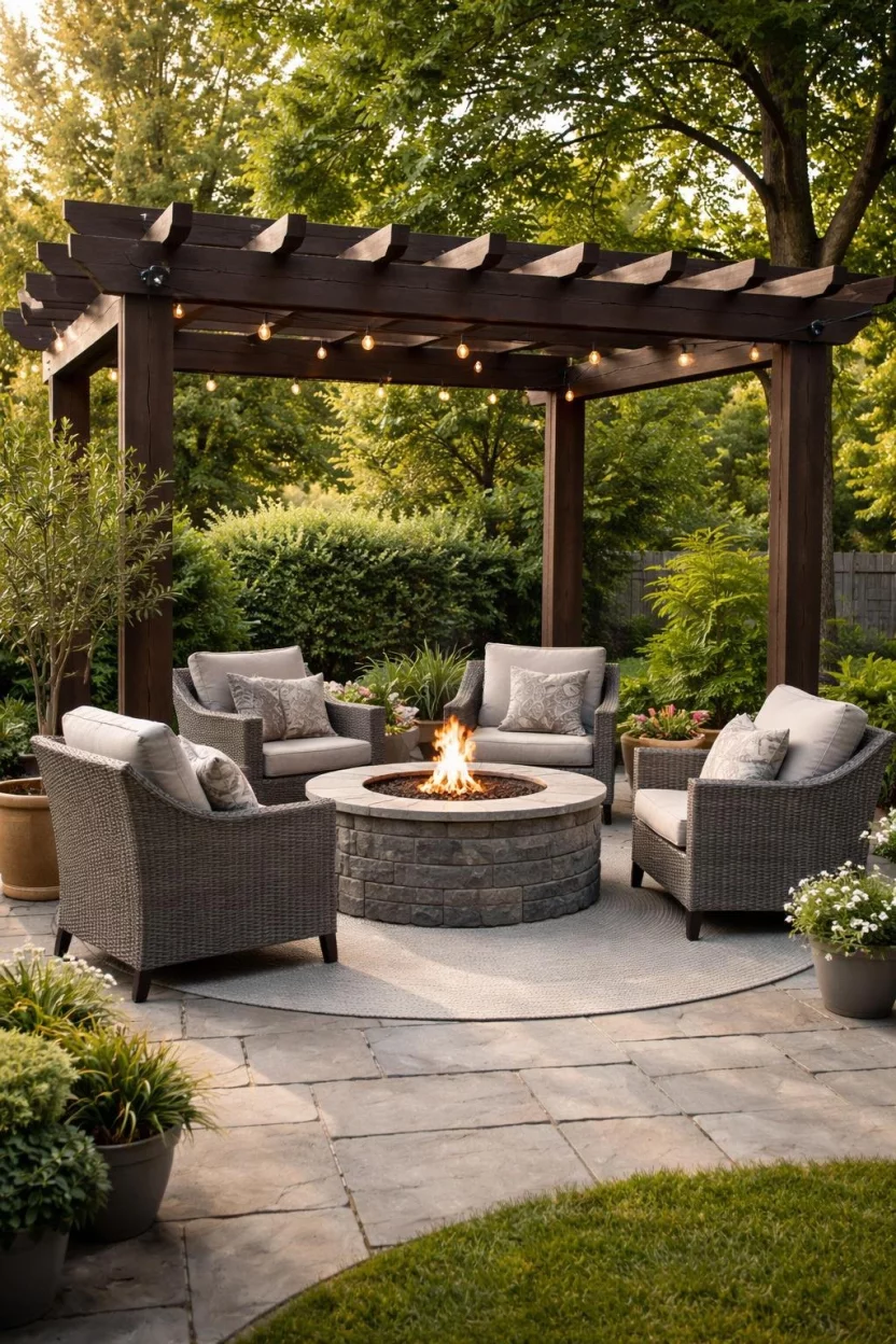 A realistic photo of a patio corner with a dark stained wood pergola surrounding a grey stone fire pit and grey wicker armchairs.