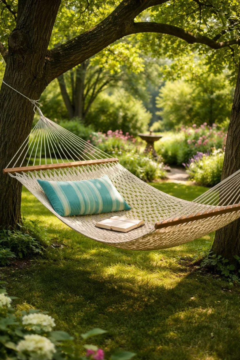 A realistic photo of a garden with a cream colored cotton rope hammock stretched between two ancient oak trees, containing a turquoise striped pillow and a forgotten paperback book on the seat as sunlight filters through the green leaves.