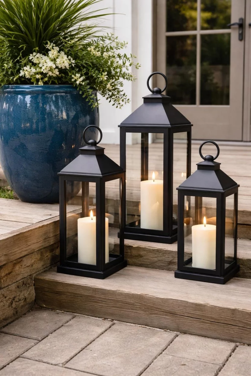 A realistic photo of a patio featuring a cluster of three large black metal lanterns with glass panes, each containing an ivory pillar candle, sitting on a wooden step next to a large blue ceramic planter.