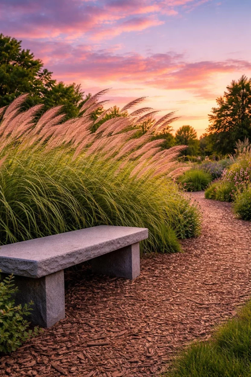 A realistic photo of a garden featuring tall feathered ornamental grasses swaying in the wind next to a gray stone bench, with pink sunset clouds in the background and a small path of wood chips leading away.