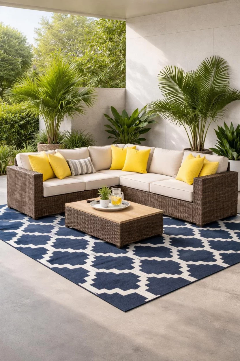 A realistic photo of a patio showing a large navy blue and white geometric pattern outdoor rug covering half of a concrete floor, topped with a modern wicker sectional sofa and several bright yellow throw pillows near potted palm trees.