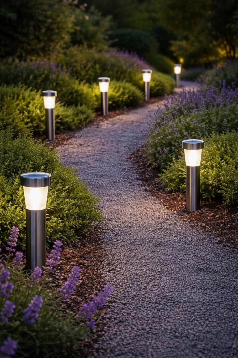A realistic photo of a garden with a line of sleek stainless steel solar path lights glowing with soft white light along a winding gravel walkway, illuminating low green shrubs and small purple flowers at dusk.