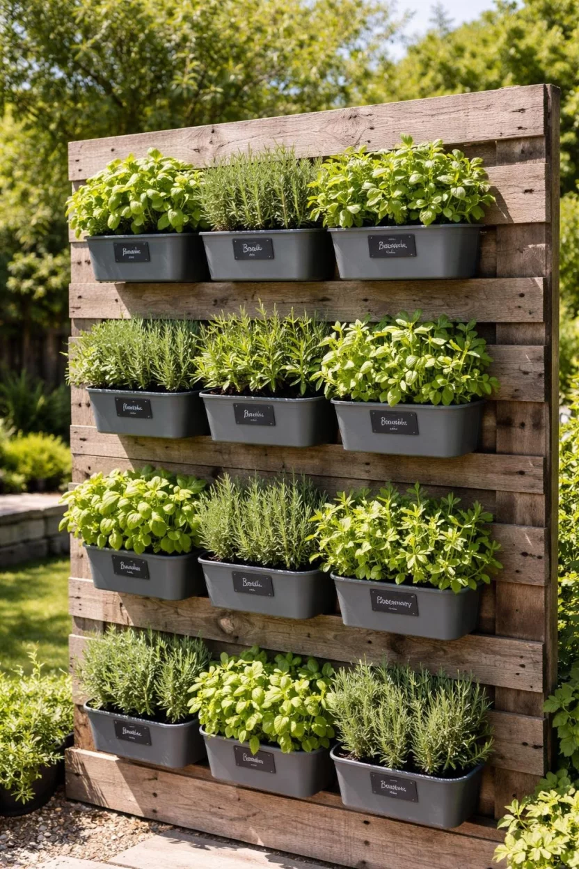 A realistic photo of a garden showing a vertical herb garden wall made of reclaimed pallet wood, holding rows of small slate gray metal planters filled with basil, rosemary, and mint under bright midday sun.