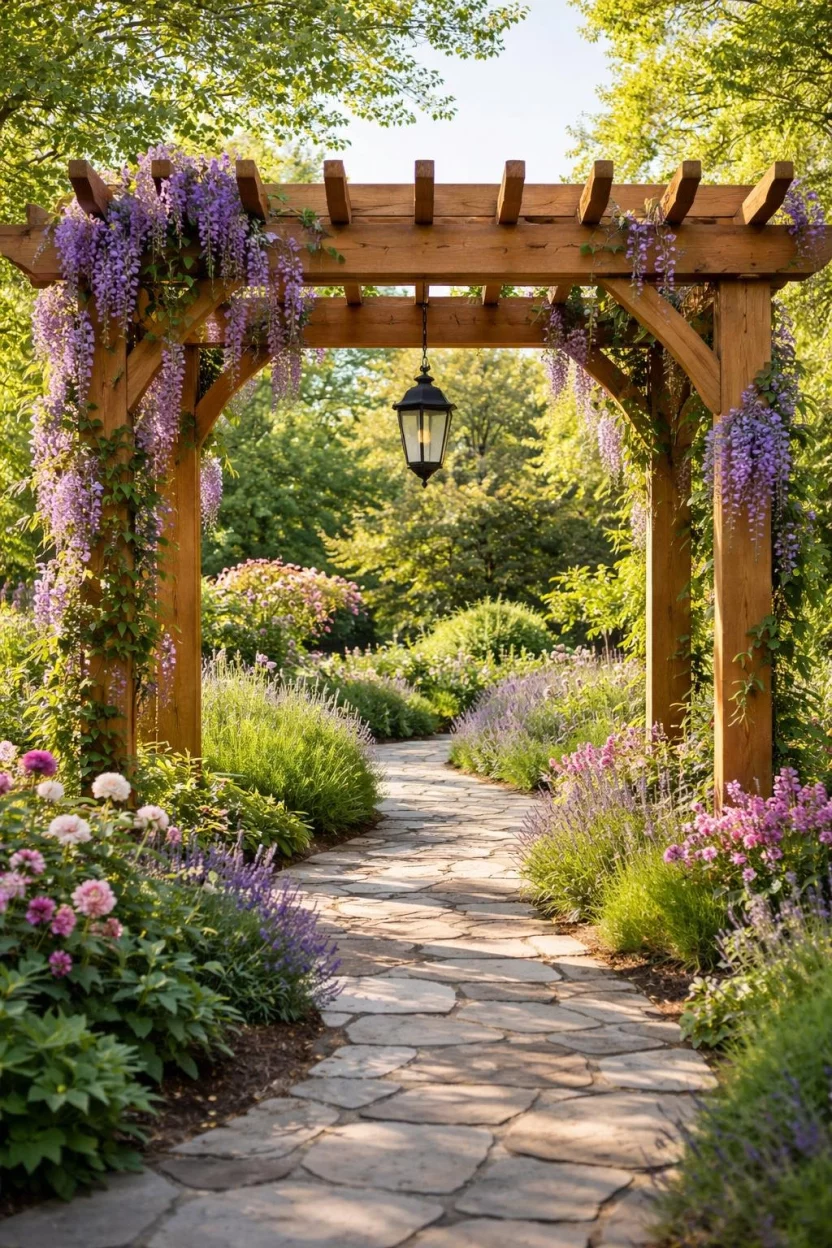 A realistic photo of a garden featuring a tall cedar wood pergola standing over a flagstone path, with purple wisteria vines winding up the posts and a hanging black metal lantern swinging gently from the center beam in the afternoon sun.