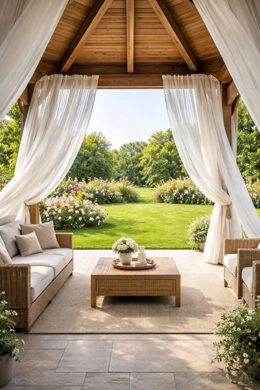 A realistic photo of a patio with long white sheer curtains blowing in the breeze from the sides of a wooden gazebo, framing a view of a green lawn and blooming rose bushes under a clear sky.
