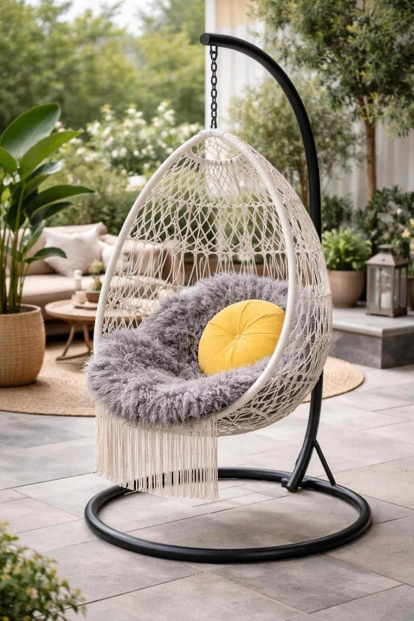 A realistic photo of a patio with a white macrame hanging egg chair suspended from a black metal stand, filled with a fluffy gray sheepskin rug and a small round yellow pillow on a stone floor.